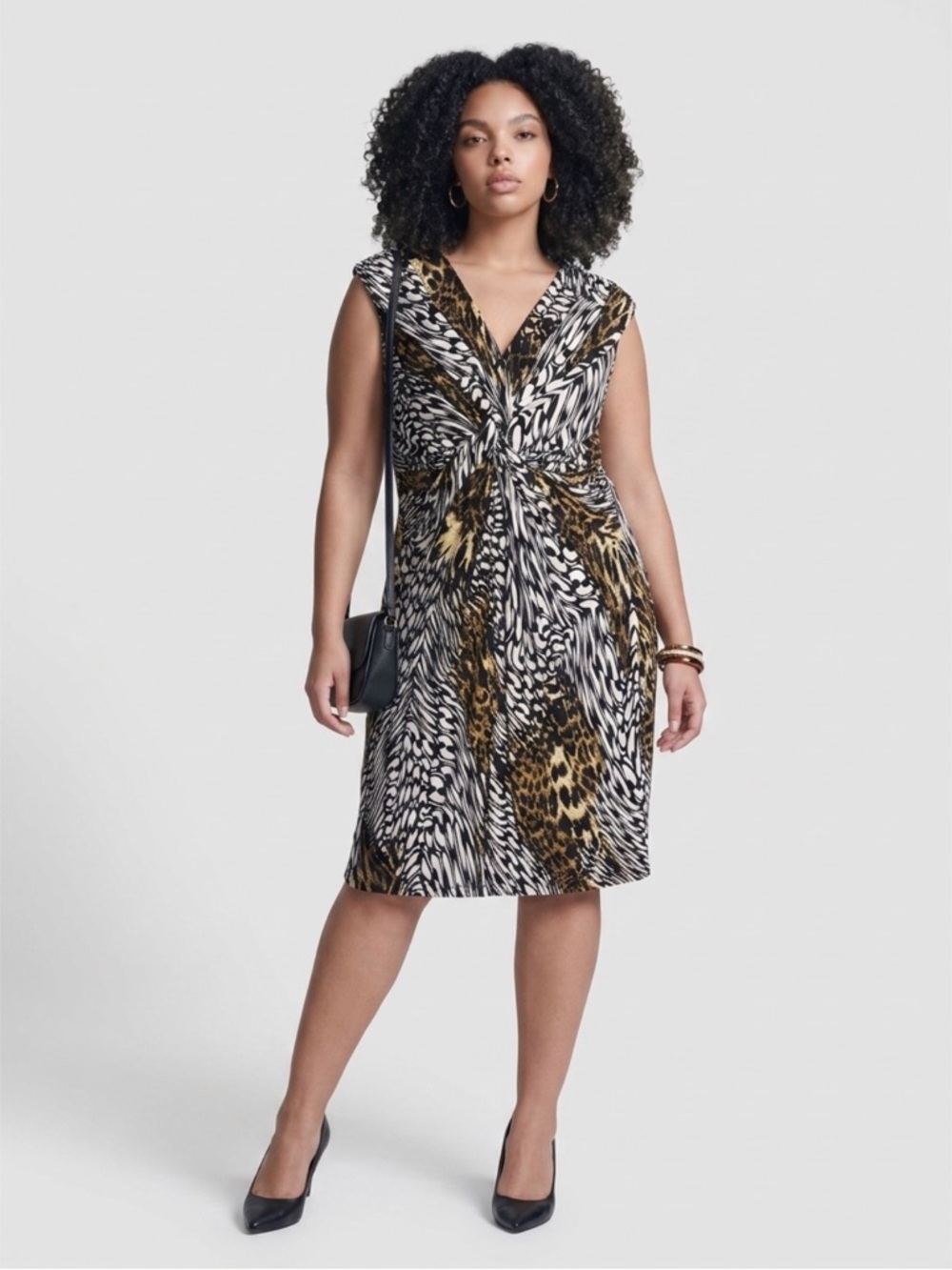 Chico's Sleeveless Knot-Front Animal Print Dress in Black, White & Brown